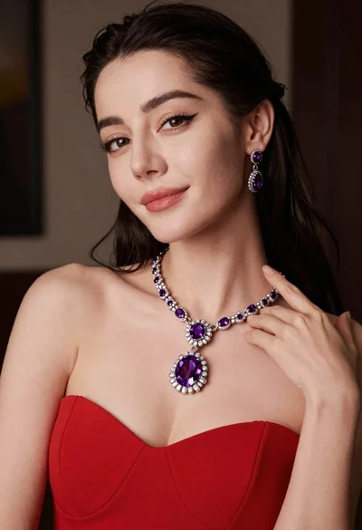 Close up portrait of glamorous woman in red dress with purple jewelry