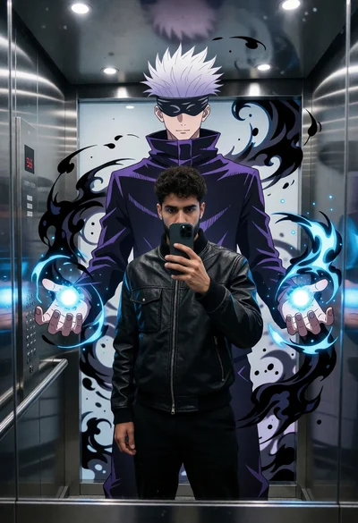 Man taking mirror selfie in modern elevator with anime mural projection