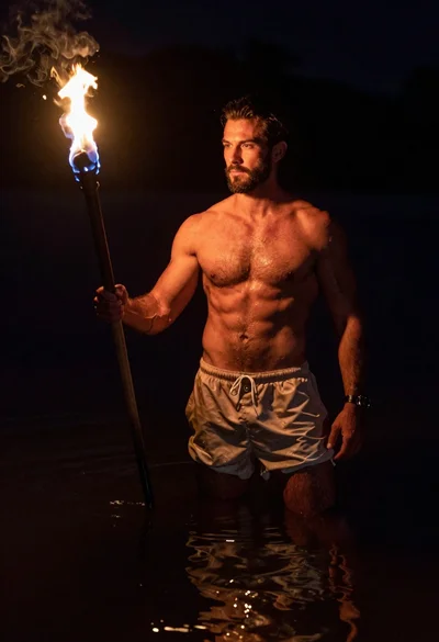 Muscular man with torch in dark night water
