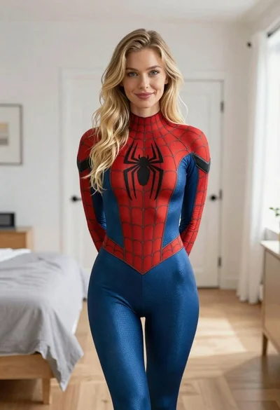 Blonde woman in spider man costume standing indoors with soft daylight