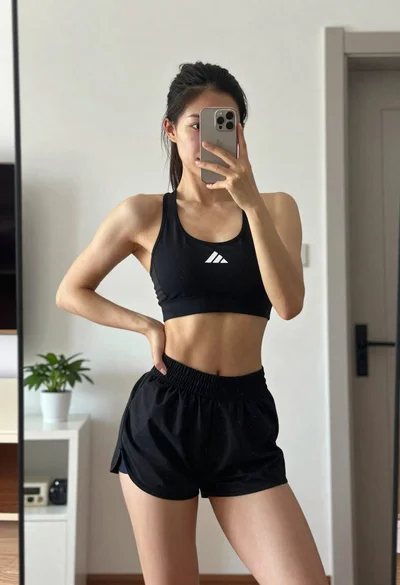 Fit woman taking mirror selfie in black athletic wear indoors