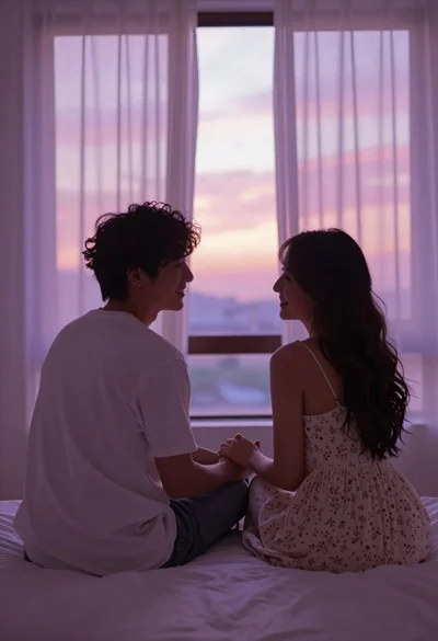 Couple holding hands smiling in bed with pink and purple light
