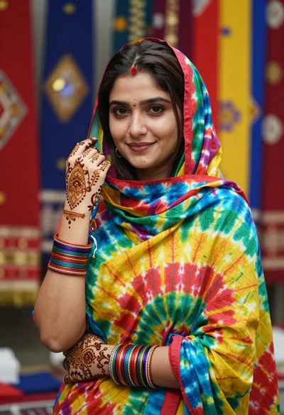 Portrait of young woman in tie dye dupatta against colorful textile backdrop