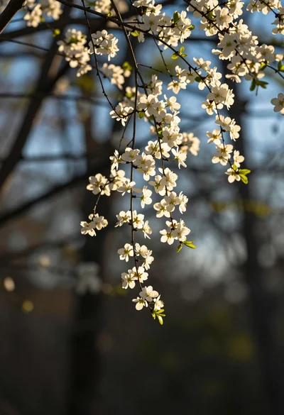 Sunlit white blossoms hanging delicately against a soft blue forest backdrop