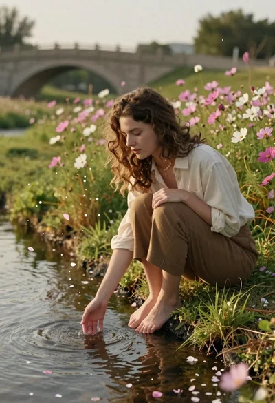 Young woman with brown hair sitting by stream in flowery meadow