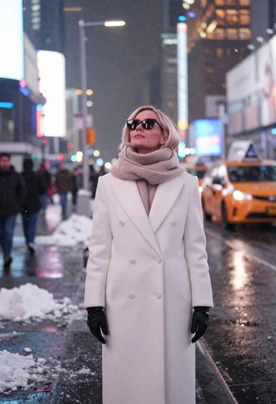 Fair skinned woman in white coat stands in snowy city street at