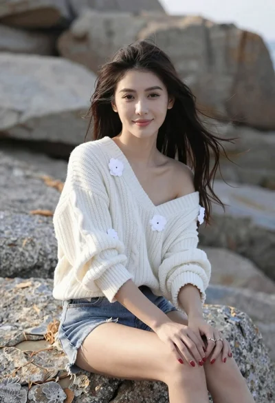 Young woman with dark hair on rock at rocky shoreline outdoors