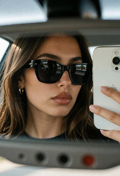Closeup mirror selfie of woman in car rearview mirror with smartphone