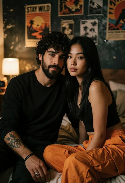 Couple sitting closely in dimly lit bedroom with textured walls