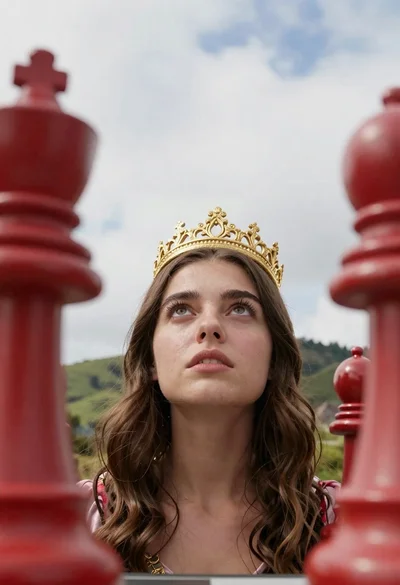 Woman in golden crown among red chess pieces outdoors