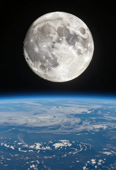 Photorealistic view of large moon over curved earth from space
