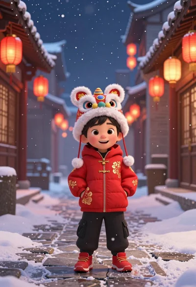 Cheerful child in red jacket stands in snowy ancient street with red