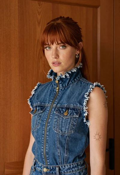 Young woman in blue denim vest against warm wooden background portrait