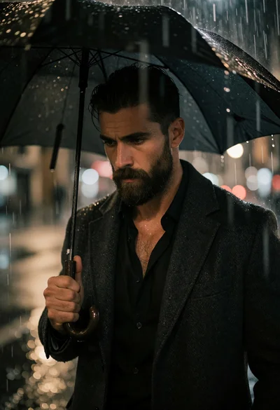 Rugged man under black umbrella in heavy rain on wet city street