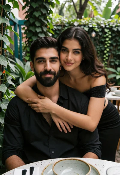 Intimate portrait of couple at garden table with lush foliage background