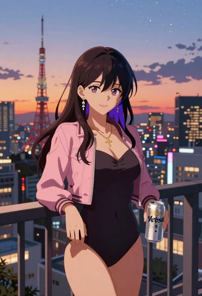 Anime woman on rooftop balcony at sunset