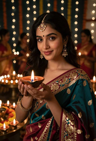 Woman holding lit oil lamp in front of festive background setting