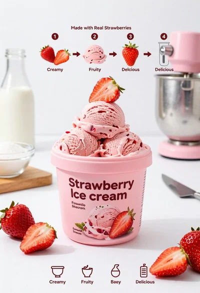 Pink strawberry ice cream tub with fresh fruit ingredients on white background