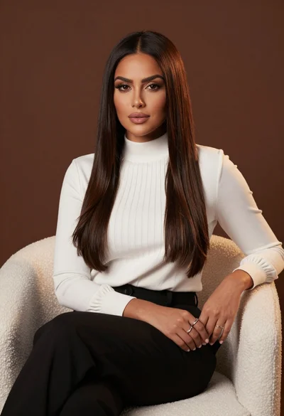 Poised woman with dark hair sitting in white armchair against brown backdrop