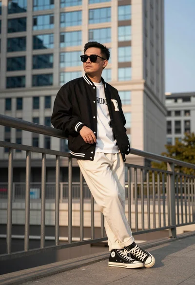 Man leaning against metal railing in urban setting with tall building background