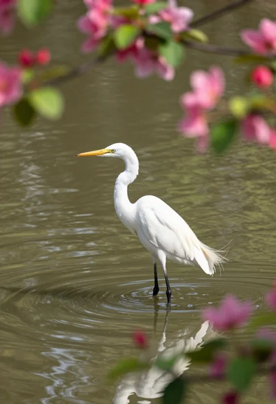 Serene white egret standing in shallow water surrounded by pink blossoms