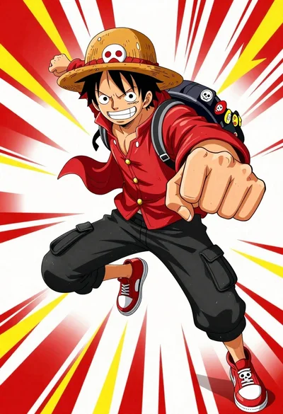Anime character monkey d luffy leaping forward in red jacket on white