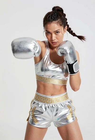 Fit woman in silver metallic boxing outfit punching mid motion