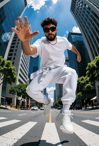 Young man jumping midair on city street with white outfit