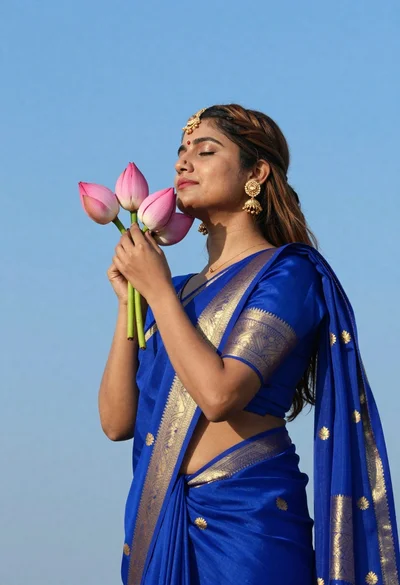 Profile portrait of woman holding lotus buds against bright blue sky
