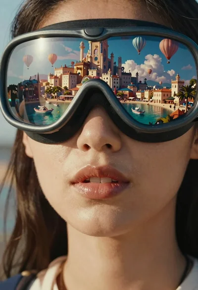 Woman wearing goggles reflecting cityscape over coastal town