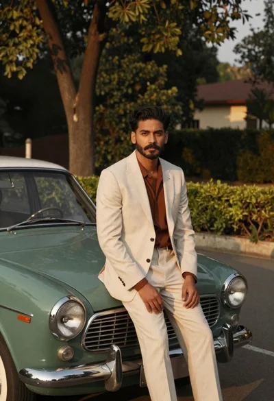 Man in pinstripe suit on vintage green sedan outdoors
