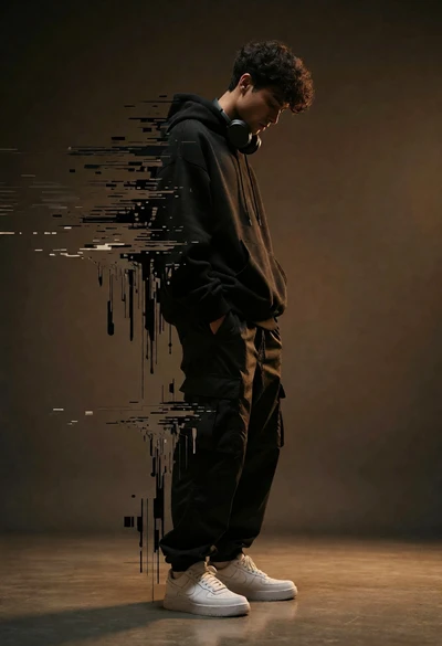 Young man dissolving into glitch artifacts against a brown studio backdrop