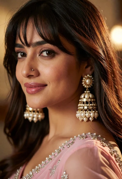 Close up portrait of woman with dark hair and pearl jhumka style