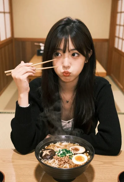 Young east asian woman eating ramen in traditional japanese restaurant setting