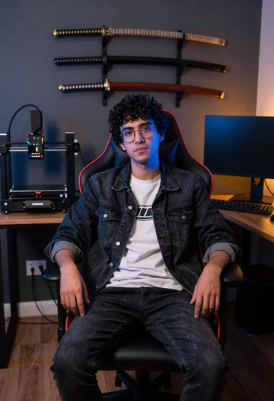 Young man sitting in office gaming chair with katanas