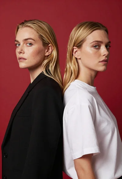 Two blonde women in black blazer and white tshirt against red backdrop