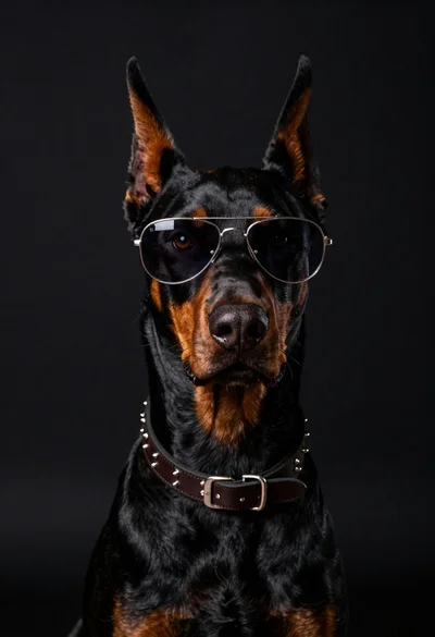 Doberman pinscher wearing sunglasses in a black studio