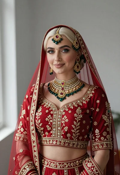 Portrait of fair woman in elaborate traditional indian bridal attire
