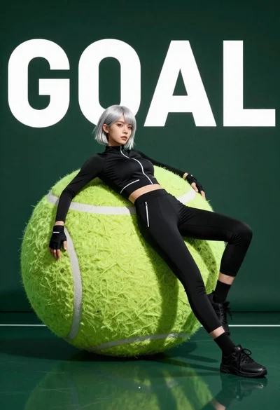 Young woman with short silver hair leaning against giant tennis ball in