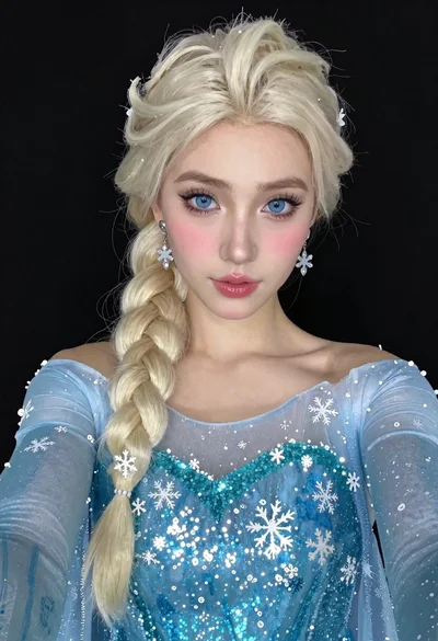 Woman in blue ballgown with platinum hair taking a selfie