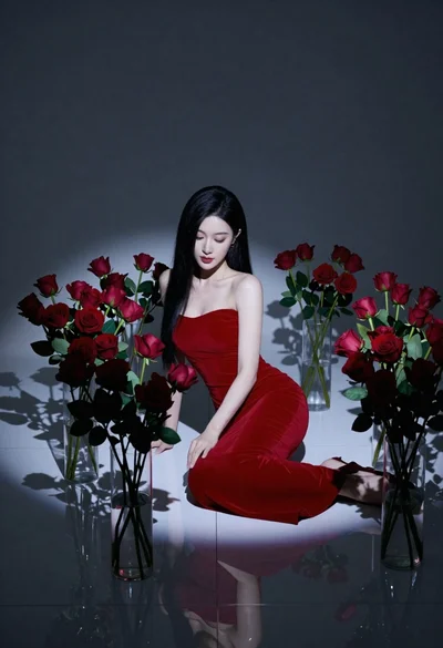 Woman in red strapless gown sitting among tall vases of red roses