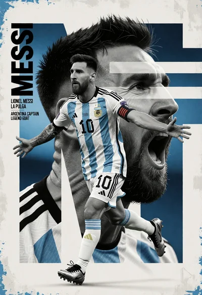 Graphic poster collage of soccer player celebrating with stylized profile portrait