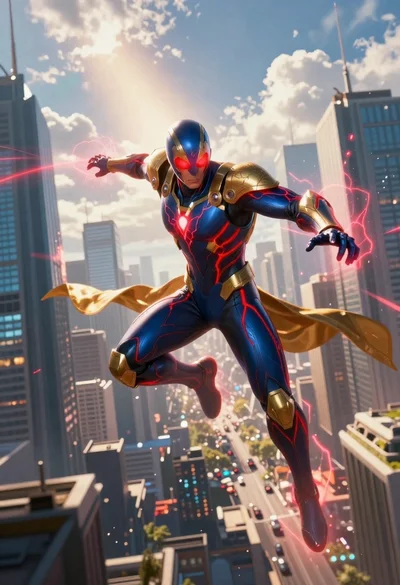 Superhero leaping through a futuristic cityscape under cloudy sky