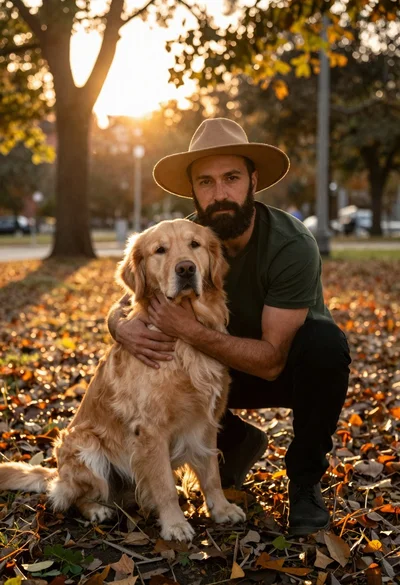 Man crouching with golden retriever in autumn park at sunset