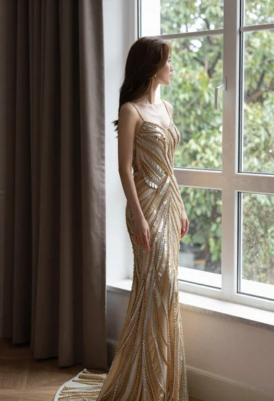 Woman in elegant gown looking out large window with green view