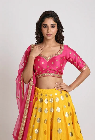Young woman in yellow lehenga choli posing against white studio backdrop