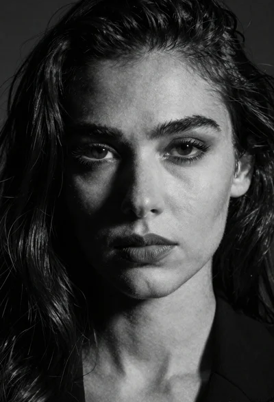 Black and white portrait of woman with dark wavy hair in a moody cinematic composition