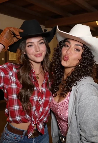 Two women in western wear posing closely indoors with cowboy hats