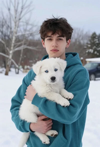 Young man in teal hoodie holding white puppy in snowy landscape