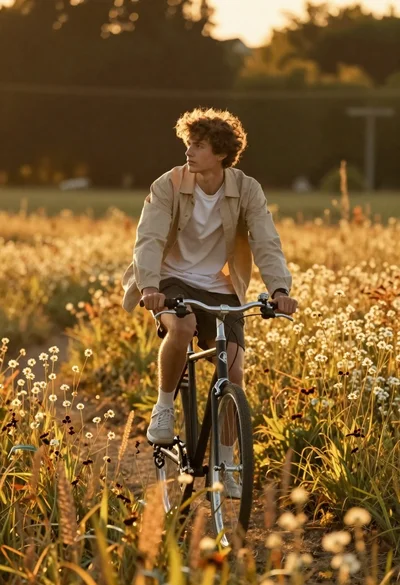 Young man riding bicycle through tall golden wildflowers at sunset